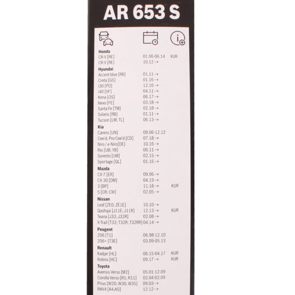 Bosch AR653S: Щетки стеклоочистителя бескаркасные 650/400 мм, комплект для NISSAN QASHQAI II, X-TRAIL III, PATHFINDER IV, MURANO II, TEANA I/II / MAZDA 3 IV, 5 II/III, CX-7 I, CX-9 I / TOYOTA RAV 4 IV/V, PRIUS III, VERSO I, PREVIA III, AURIS I, COROLLA X / LEXUS UX I / HYUNDAI i30 III, TUCSON III, i40 I, SANTA FE IV, ELANTRA VI, CRETA, GENESIS, SOLARIS / KIA XCEED, CEED, SPORTAGE IV, PROCEED, RIO III/IV, SORENTO III, CARENS III / HONDA CR-V III/IV/V, INSIGHT II, ACCORD VII / INFINITI Q60 I/II, Q50 I, QX60 I, G IV / RENAULT KOLEOS II / SUBARU OUTBACK V, FORESTER IV, IMPREZA IV / CHEVROLET COBALT II / PEUGEOT 206 I / MASERATI GRAN TURISMO I