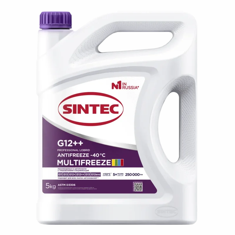 SINTEC PROFESSIONAL LOBRID MULTIFREEZE G12++ 5 kg Универсальный антифриз для всех типов двигателей Sintec 990562, фиолетовый, до -40°С, 5 кг. Инновационная охлаждающая жидкость последнего поколения, созданная по уникальной лобридной технологии на основе высококачественного моноэтиленгликоля и импортных ингибиторов коррозии.
