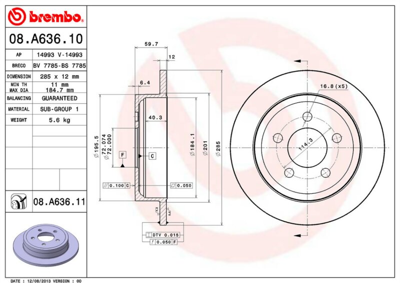 Диск торм.зад.JEEP CHEROKEE KJ 2.4 4×4 2001=> BREMBO 08.A636.11