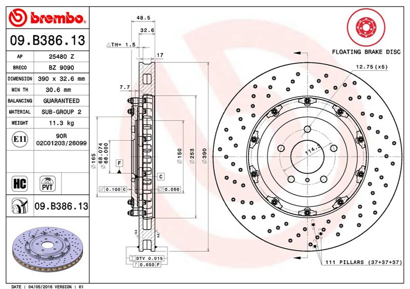 Brembo 09.B386.13 Диск тормозной (перф.) передний Nissan GT-R (R35) 07> (390x32.6)