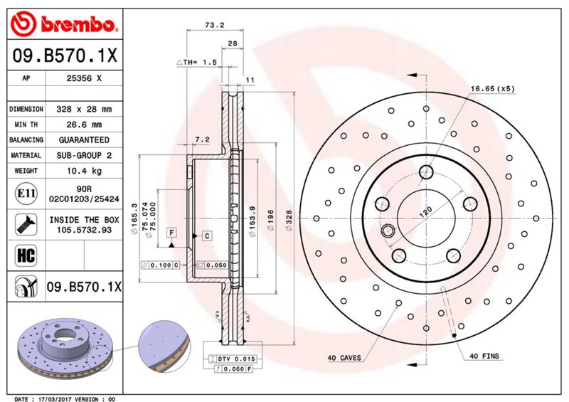 Диск торм. пер.вент. Xtra [328x28] 5 отв. BMW X3 F25 10->/ F26 14-> Brembo 09B5701X