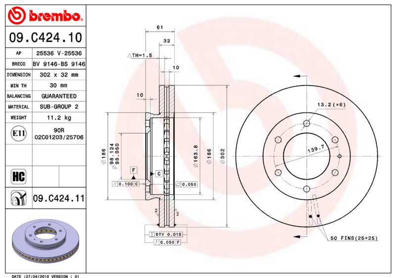 09.C424.11 BREMBO Диск торм.пер. FORD Ranger 11-15