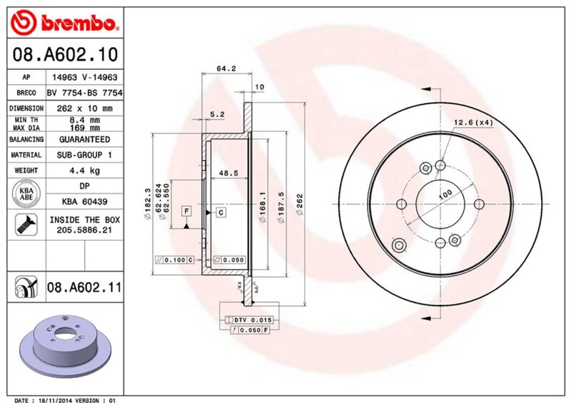 Brembo 08.A602.11 Диск тормозной HYUNDAI ACCENT 05-GETZ 02-i20 08-KIA RIO II 05- задний