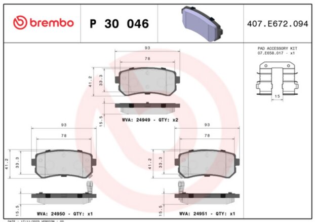 Brembo P 30 046 Колодки зад.HYUNDAI i20 08-14 (для авто. с ESP)