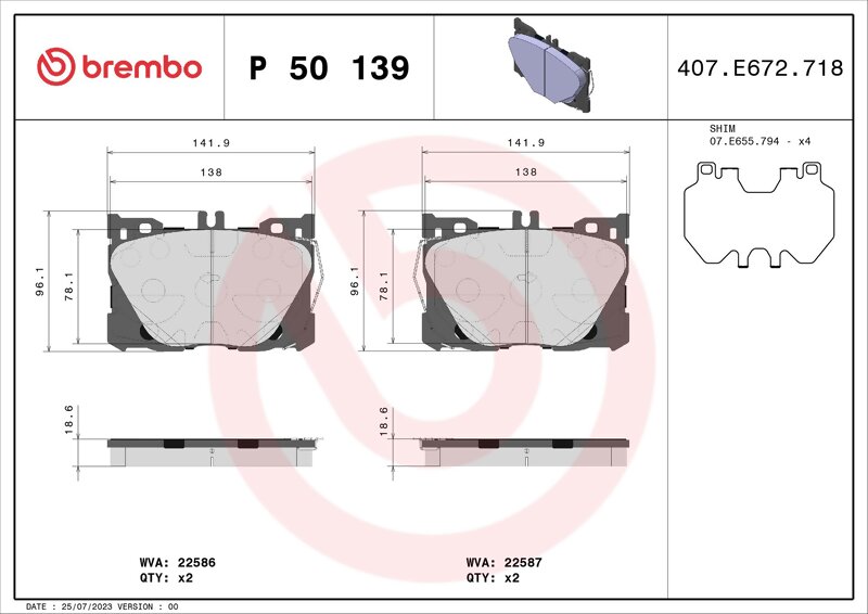 Колодки Тормозные Mercedes W205/W213/Glc (X253/C253) 15- Передние Brembo P 50 139