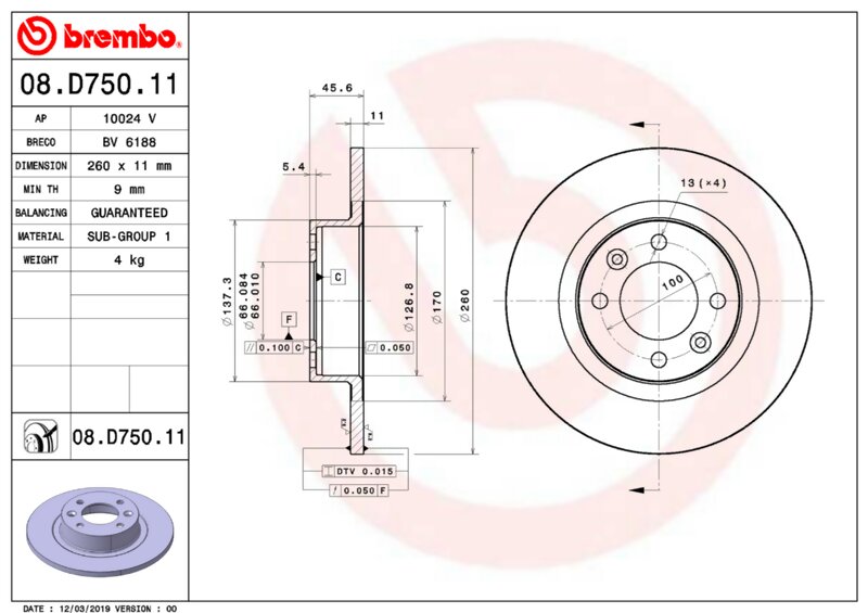 08.D750.11 BREMBO Тормозной диск задний D 260 мм LADA VESTA (GFL_) 11