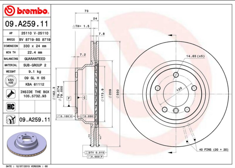 09.A259.11 BREMBO Диск торм. пер.вент.[330x24] 5 отв. BMW13X1 2.0-3.0 05-