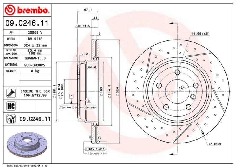 Brembo 09.C246.11 Диск торм.зад.BMW 1 (E81,E82,E87) 23d,30i 04-113 (E90) 20d,25d,30d,30i 05-13 324x22