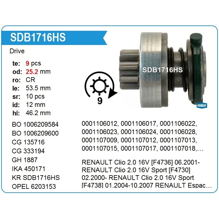Бендикс Renault/Opel/Saab /Z=9 Krauf SDB1716HS
