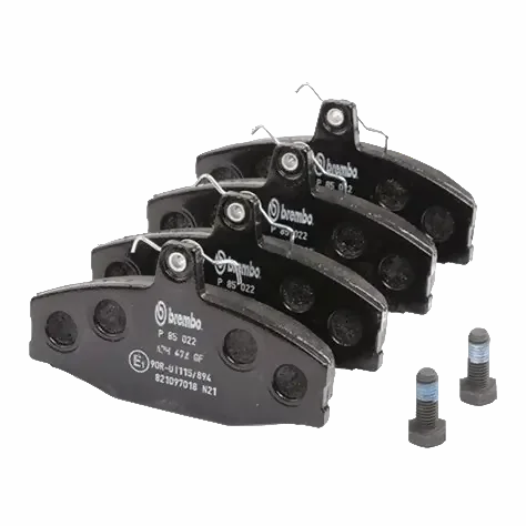 Тормозные колодки Brembo P85022, передние, дисковые, комплект с аксессуарами, с болтами тормозного суппорта и противоскрипными пластинами для SKODA FAVORIT I, FELICIA I/II / VW CADDY II. Аналог VAG 004 532 247 A, 115 430 280, 115 430 281, 115 430 284, 115 430 285, 6U0 698 151 A, 6U0 698 151 E, 6U0 698 151 F