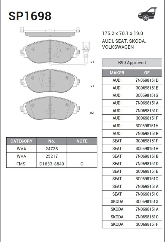 SP1698 SANGSIN Колодки тормозные передние VW Tiguan 2017-, Audi A3 [8V] 2013-