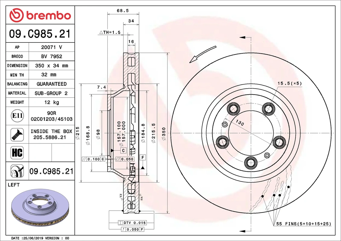 09.C985.21 BREMBO Диск тормозной передний PORSCHE CAYENNE (9YA) 05/17-> / PORSCHE PANAMERA (971) 05/16->