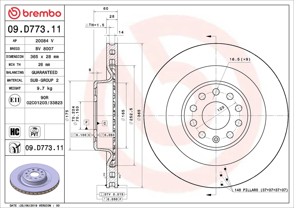 09.D773.11 BREMBO Диск тормозной задний TESLA MODEL S (5YJS) 09/12-> / TESLA MODEL X (5YJX) 09/13->