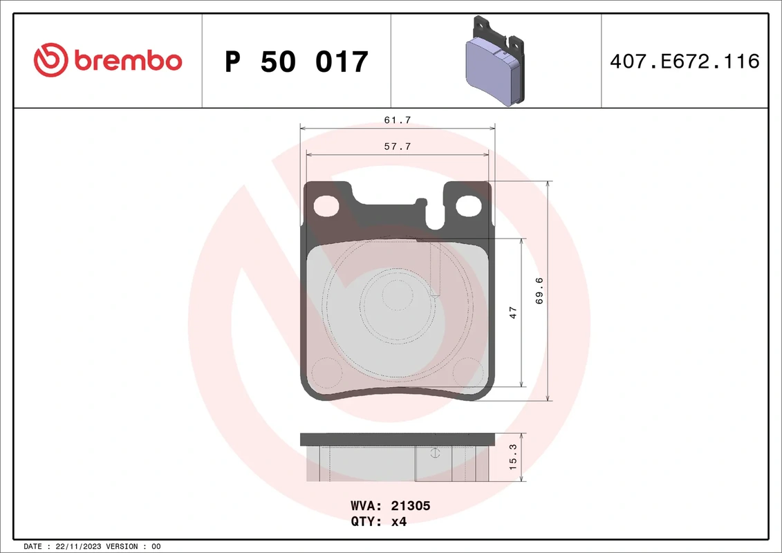 P50017 BREMBO колодки задние MERCEDES C S203 05-07, CLK C209 06-09, SLK R171 09-11; CHRYSLER CROSSFIRE 04-07