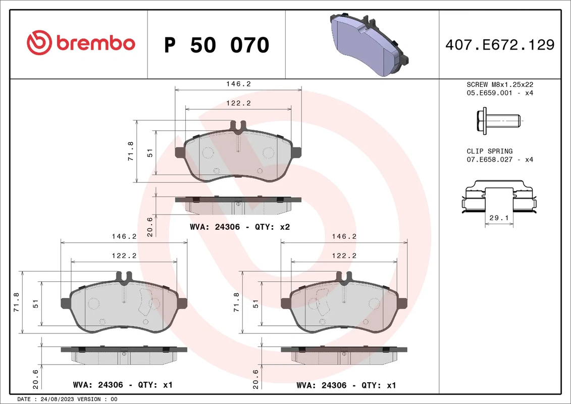 P50070 BREMBO Колодки передние Mercedes C-Class W204, E-Class C207, W212