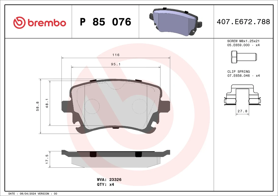 P85076 BREMBO Колодки торм.зад. AUDI A6 (4F2) 05/04-; A6 Avant (4F5) 03/05-; A8 (4E_) 10/02-