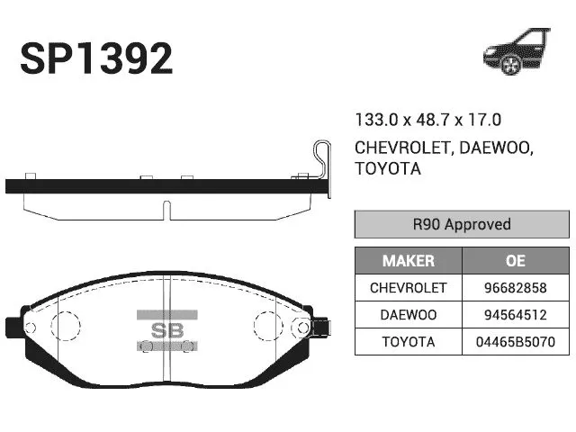 SP1392 SANGSIN Колодки торм. пер. Daewoo Lanos/Matiz, Chevrolet Spark 0.8-1.5i 98>
