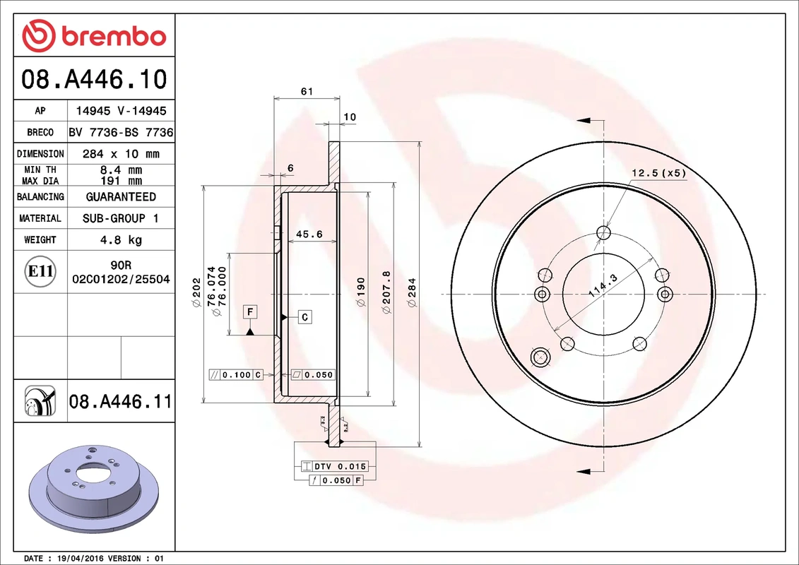 08.A446.10 BREMBO Диск торм. зад. [284x10] 5 отв. HYUNDAI Santa fe 2.0-2.7/CRDI/16V/V6 02/01-/ Trajet 2.0/2.7/CRDI/V6 03/00-/ Tucson 2.0/2.7/CRDI 08/04-.KIA Sportage 2.0/2.7/CRDI/16V/V6/4WD 09/04-