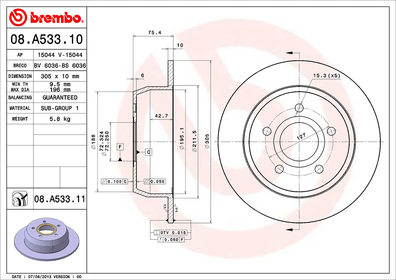 08.A533.11 BREMBO Диск торм. зад.[305x10] 5 отв. JEEP Grand Cherokee 99->