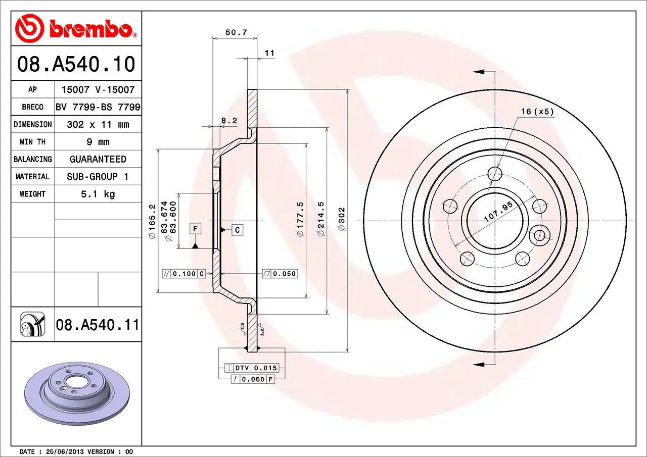 08.A540.11 BREMBO Диск торм. зад. [302x11] 5 отв. FORD Mondeo/S-Max/Kuga/Galaxy, RANGE ROVER Evoque 06->