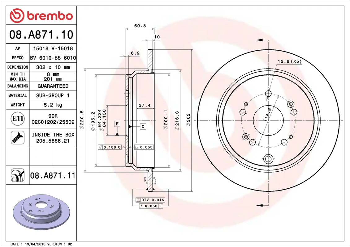 08.A871.10 BREMBO диск тормозной задний Honda CR-V 2.0/2.4/2.2CTDi 06>