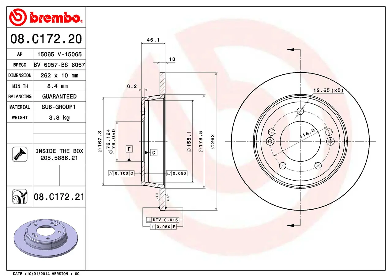 08.C172.21 BREMBO Диск торм. зад.[262x10] 5 отв. HYUNDAI Elantra/i30/Veloster/ KIA Ceed/Soul/ProCeed 1.4-1.6 11-