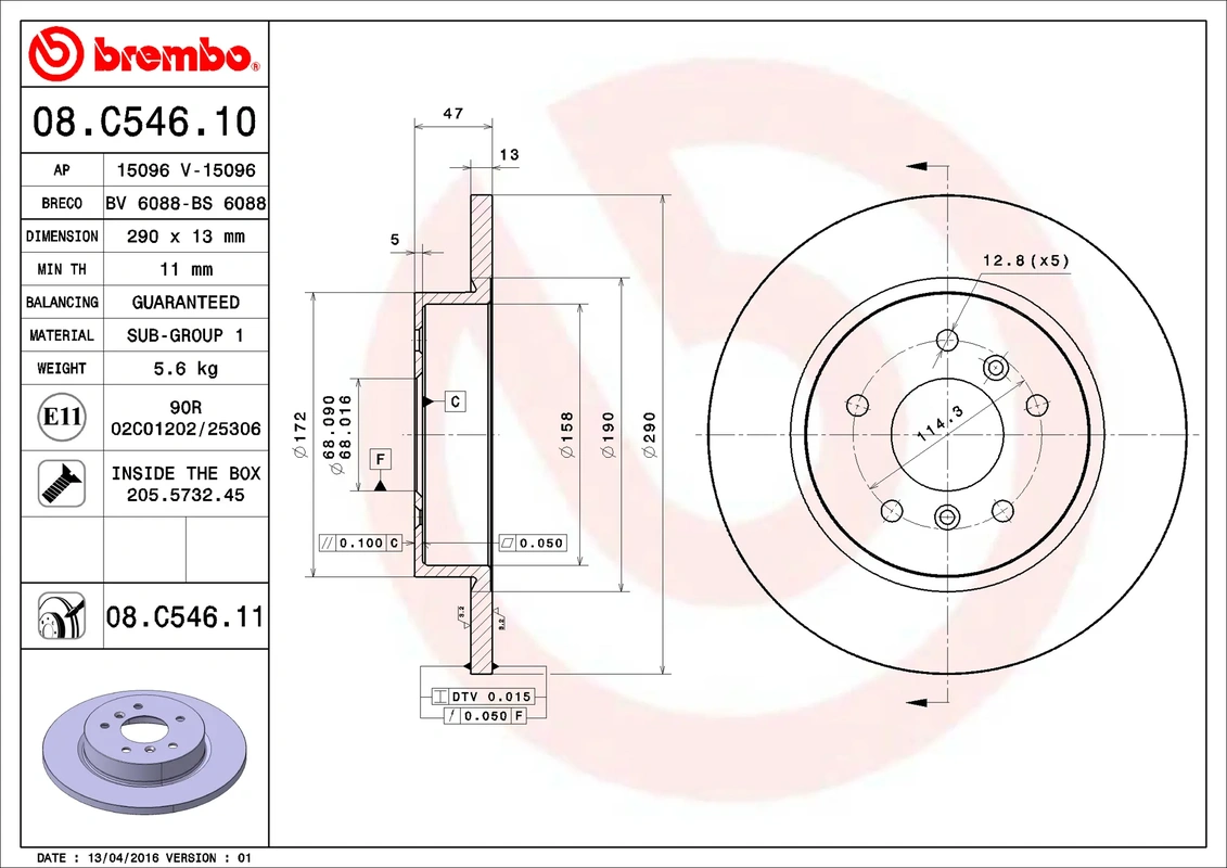 08.C546.11 BREMBO Диск торм. задн. [290x13] 5 отв. NISSAN Qashqai II 02.14->/ RENAULT Kadjar 06.15->