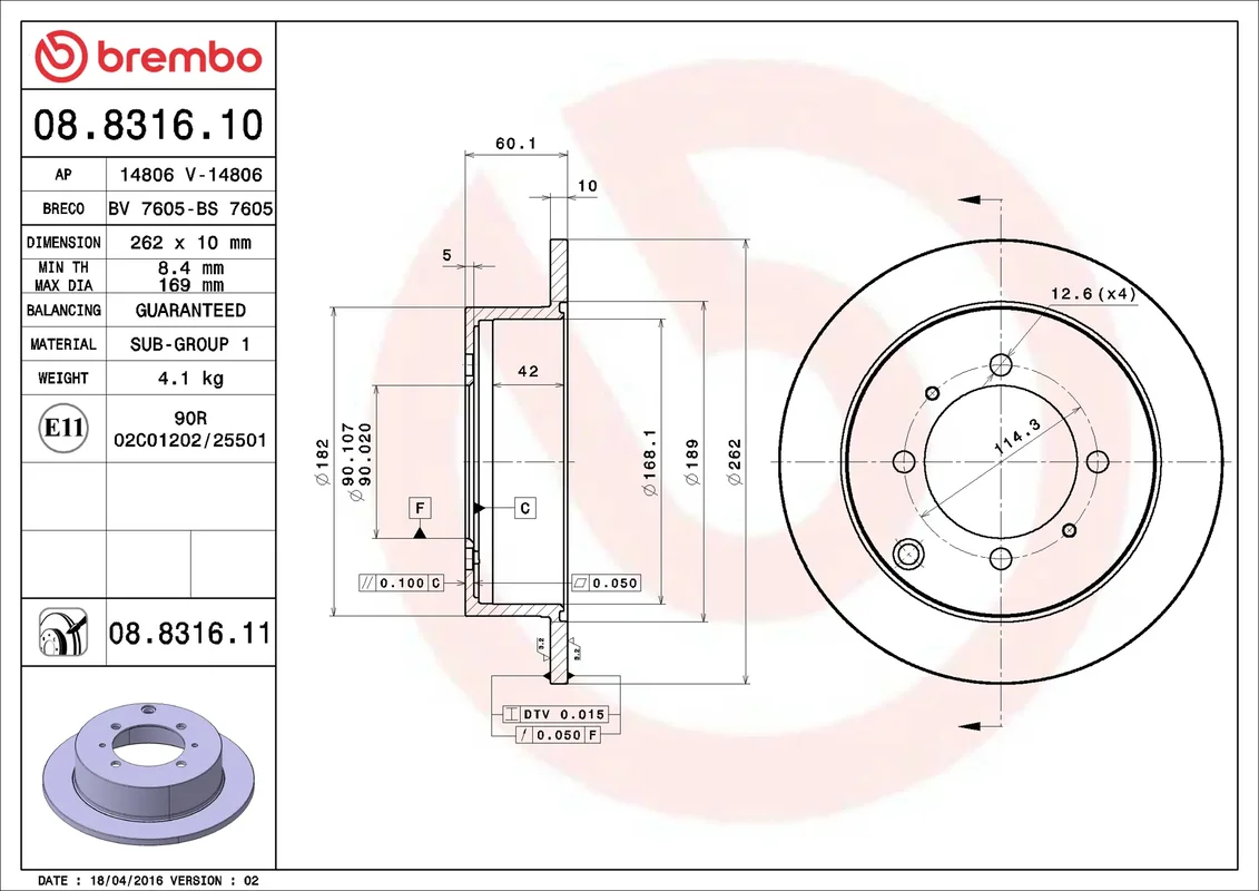 08.8316.10 BREMBO Диск торм. зад.[262x10] 4 отв. MITSUBISHI Galant 92-01/Space Runner/Wagon 91-99