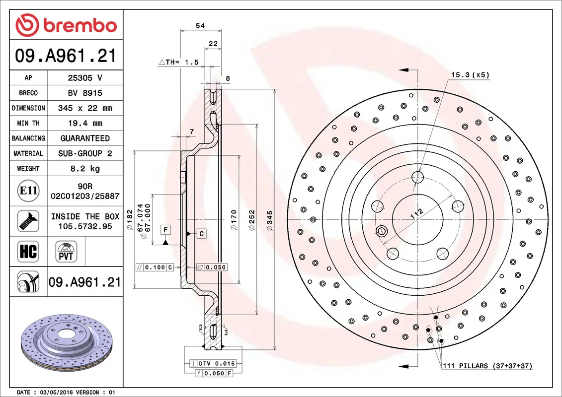 09.A961.21 BREMBO диск тормозной задний перфорированный MB W166/X166 2.5-6.3 11-