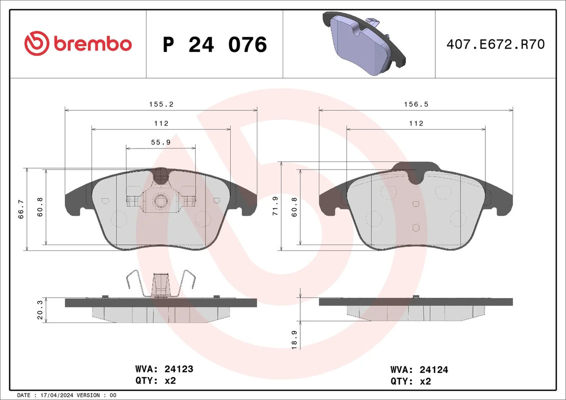 P 24 076 BREMBO [C2C27290] колодки дисковые п. Ford Galaxy/S-max 2.0/1.8TDCi/2.0TDCi 06>