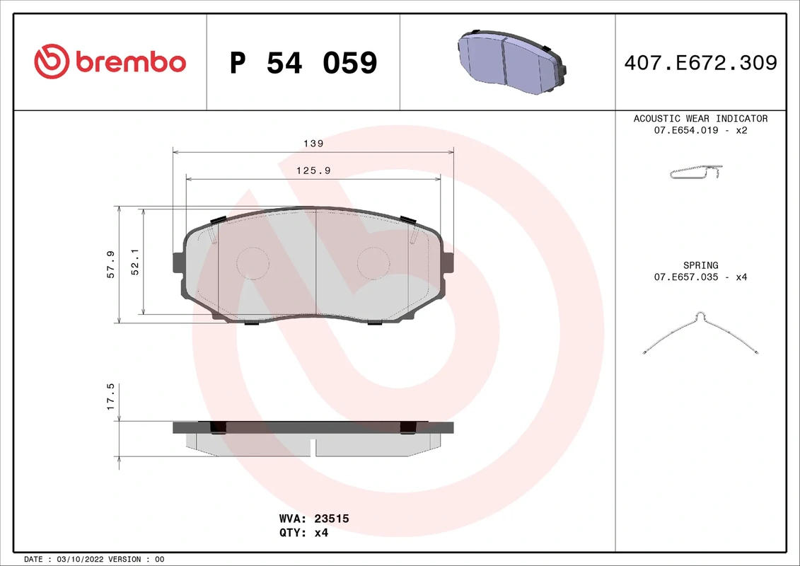 P 54 059 BREMBO колодки дисковые передние с датчиком износа Mitsubishi Pajero Sport III 2.4D/3.0 15>, MAZDA CX-7/ CX-9 MZR 2.2-3.7 07->