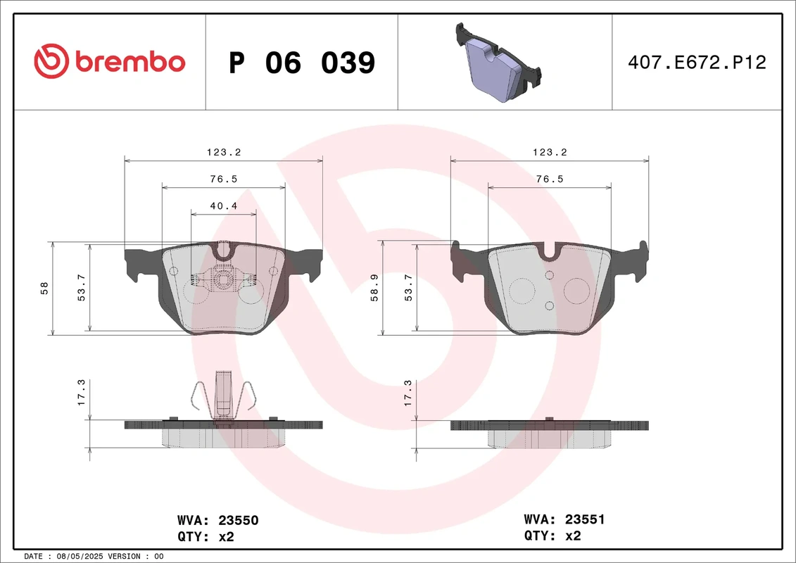 P06039 BREMBO Колодки торм. зад. BMW E90/E91 320d/325i/325xi/330d/330i/330xd/330xi 01/05->