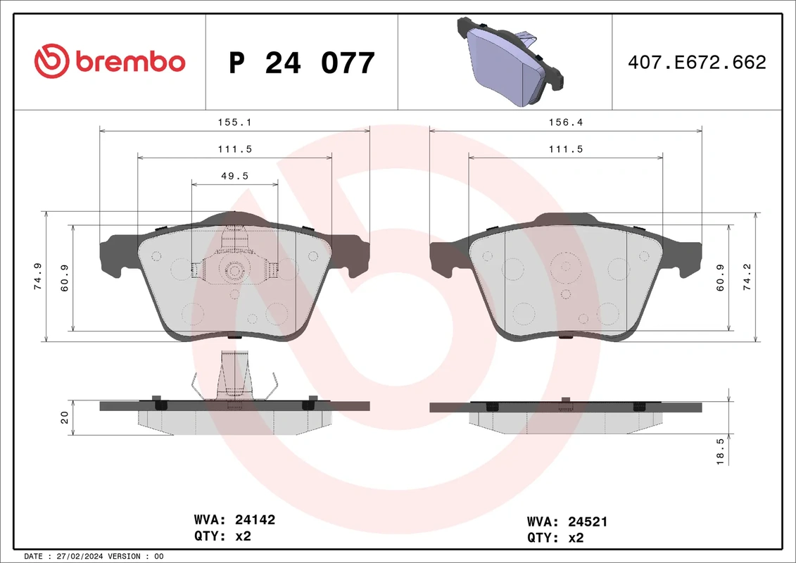 P 24 077 BREMBO колодки дисковые п. Ford Galaxy/Mondeo/S-Max, Volvo S80/V70/XC70 1.6-4.4i 06>