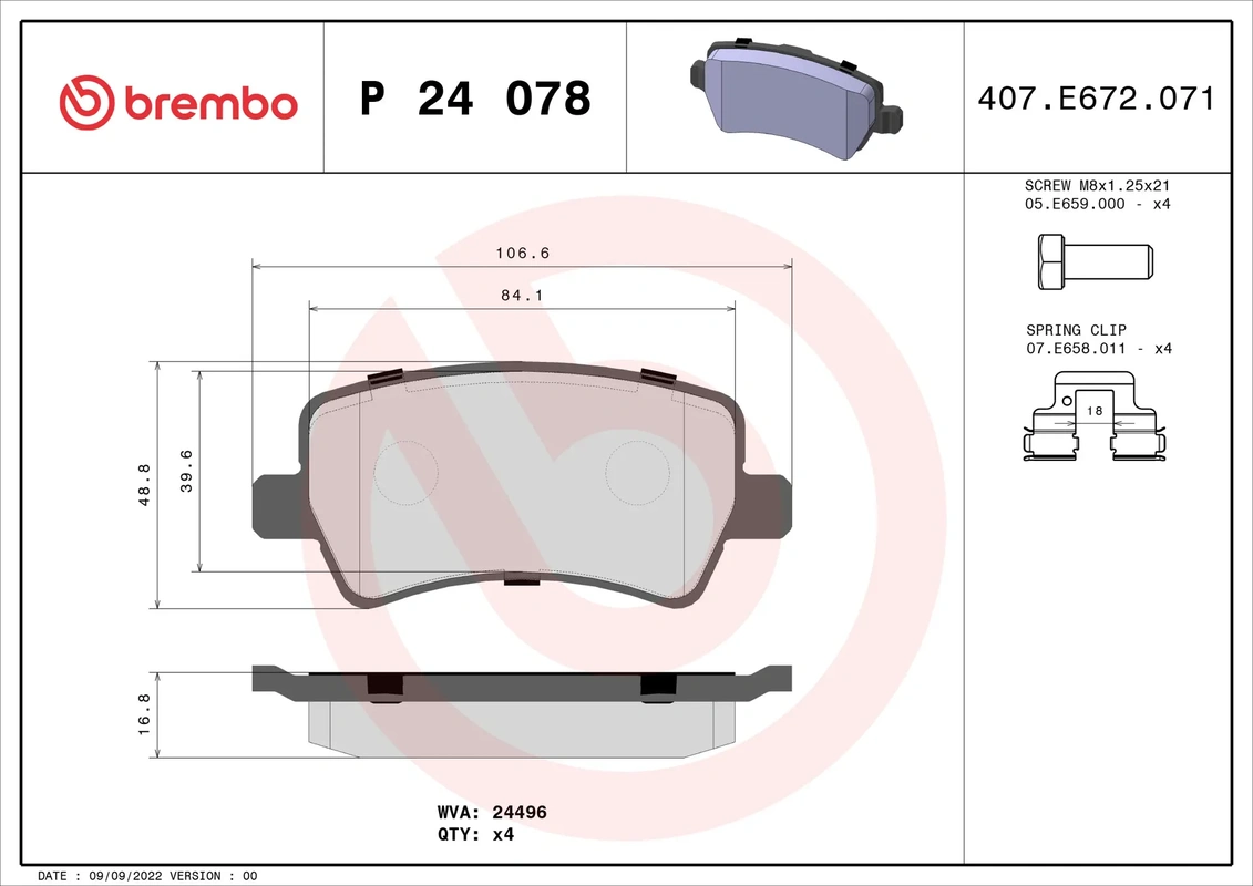 P24078 BREMBO Колодки торм. зад. FORD Galaxy 1.8-2.3/TDCI 05/06->/S-Max 1.8-2.5/TDCI 05/06-> VOLVO XC60