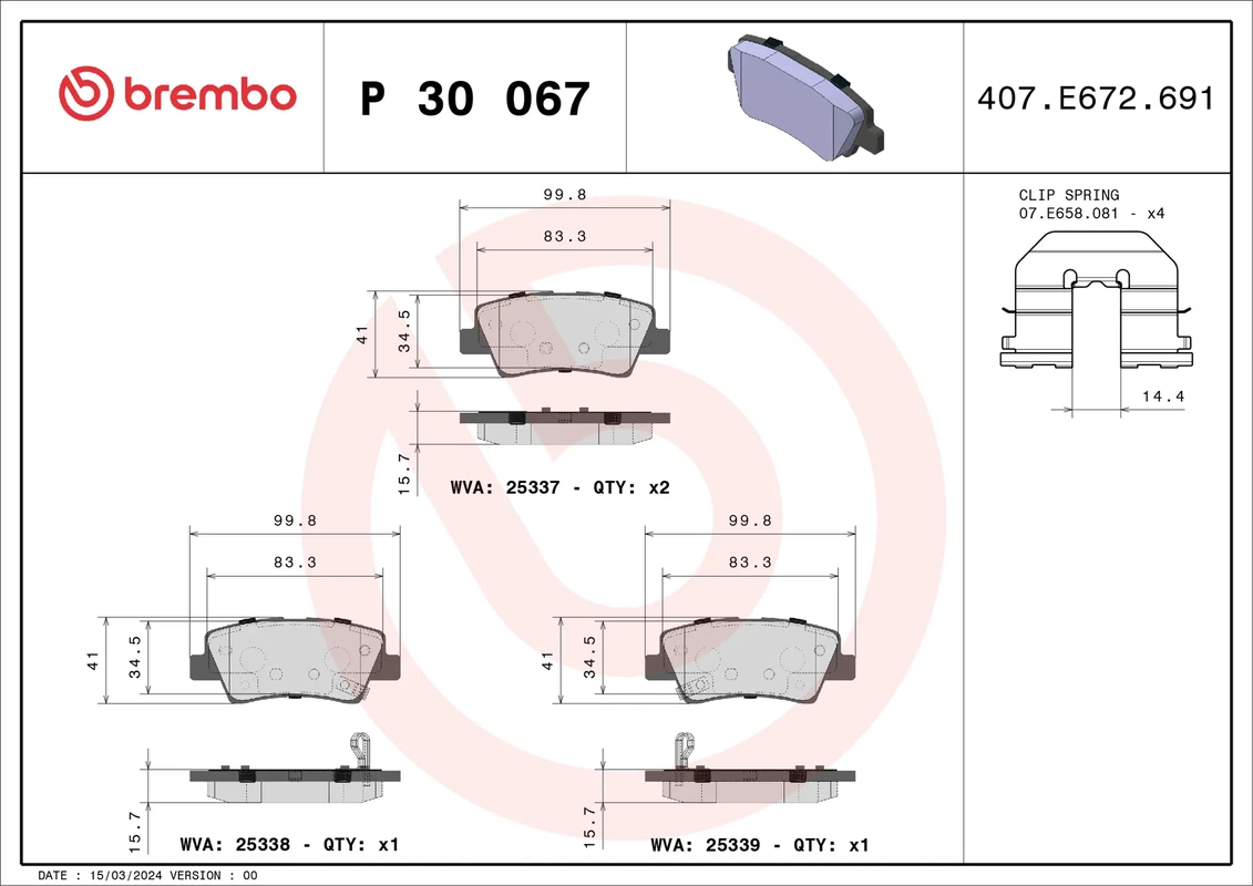P 30 067 BREMBO колодки дисковые задние KIA Soul 1.6i/CRDi 09>, Hyundai Sonata V 2.0Ti/CRDi 05>