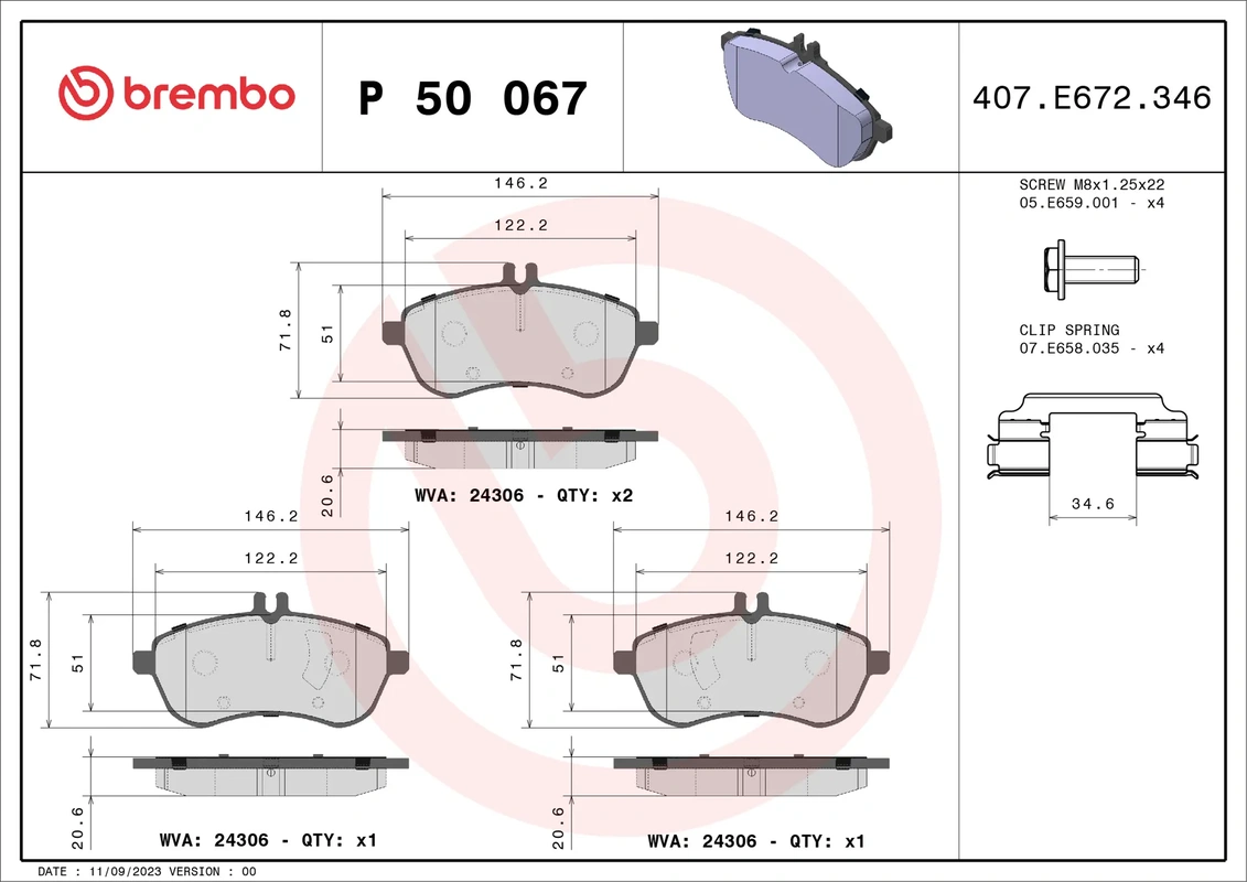 P50067 BREMBO Колодки торм.пер. MB C/E-CLASS (W204/S204/W212/S212/A207/C207) 01.07->