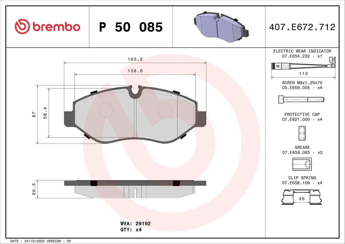 P50085 BREMBO Колодки торм.пер. MERCEDES Sprinter 3,5-t/3-t/CDI 06/06->/Viano 2,2-3,7/CDI 09/03->.VW Crafter 30-50 TDI 04/06->