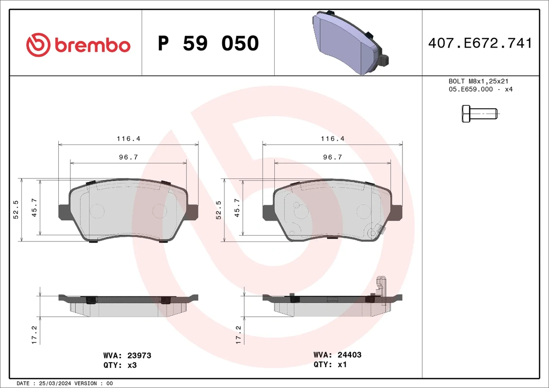 P59050 BREMBO Колодки торм. пер. OPEL AGILA 1.0-1.3 04.08->, SUZUKI SPLASH/SWIFT 1.3-1.6 02.05->