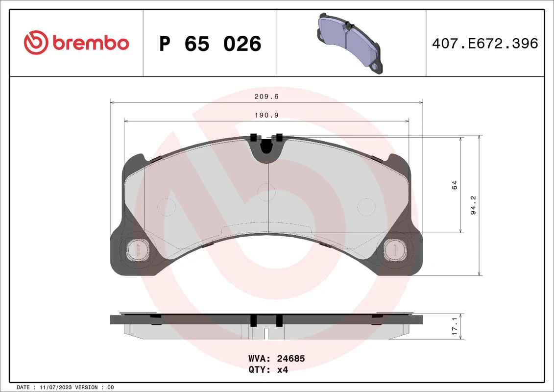 P 65 026 BREMBO (P65026) колодки дисковые передн. Porsche Cayenne/Panamera, VW Touareg 3.2-5.0/2.5-3.0D 02>
