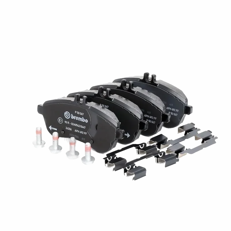 Тормозные колодки Brembo P50067, передние, дисковые, комплект с аксессуарами и болтами тормозного суппорта для MERCEDES-BENZ SLC I, C-CLASS III, SLK III, E-CLASS IV, C-CLASS III.