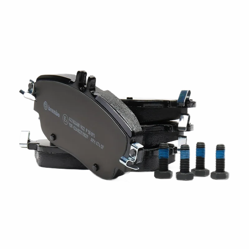 Тормозные колодки Brembo P50093, дисковые, комплект с аксессуарами, с противоскрипными пластинами и с болтами тормозного суппорта, передние для MERCEDES-BENZ GLA-CLASS I, CLA I, B-CLASS II, A-CLASS III / INFINITI QX30 I, Q30 I, задние для MERCEDES-BENZ SLS AMG C197 (без керамической тормозной системы).