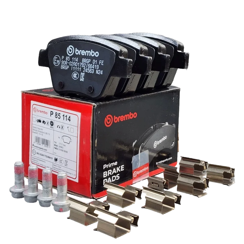 Тормозные колодки Brembo P85114, задние, дисковые, комплект с индикатором износа, с аксессуарами, противоскрипными пластинами и болтами тормозного суппорта для AUDI A1 I, A3 II / SEAT ALTEA I, LEON II / SKODA OCTAVIA II/III, SUPERB II, YETI I / VW CADDY III, GOLF VI, JETTA IV, PASSAT B7, SCIROCCO III, TOURAN I.
